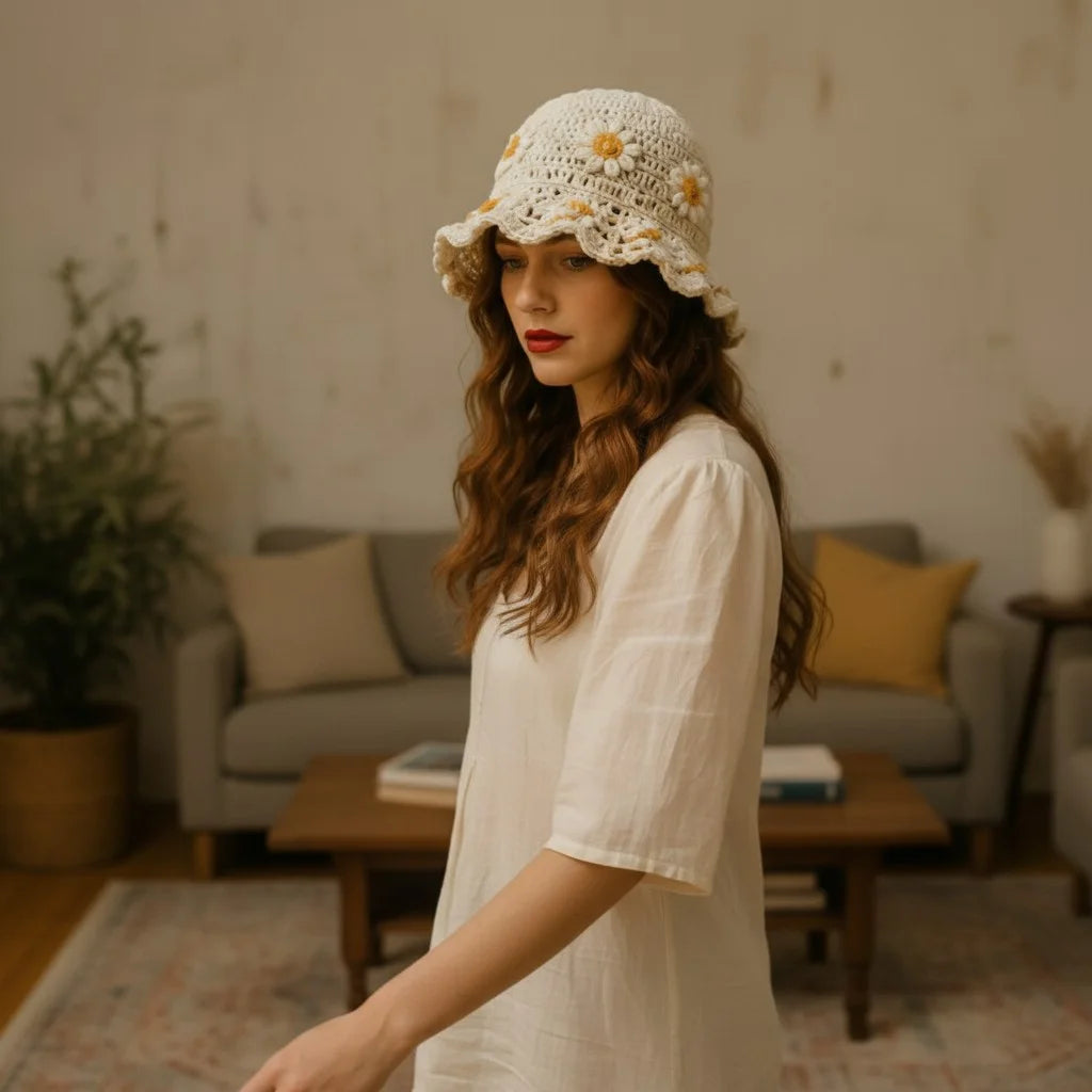daisy crochet bucket hat boho floral summer hat women