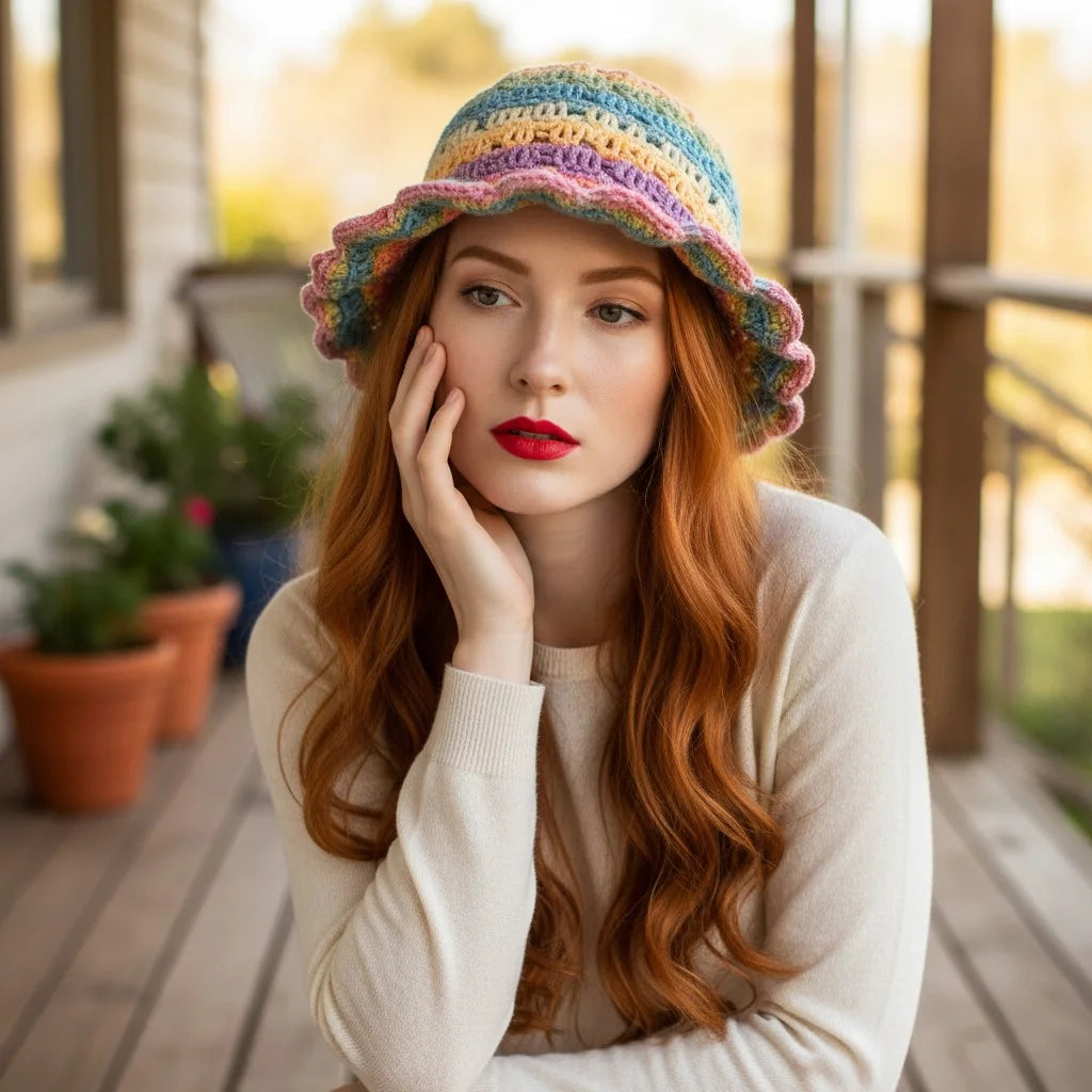 pastel crochet bucket hat boho rainbow summer hat