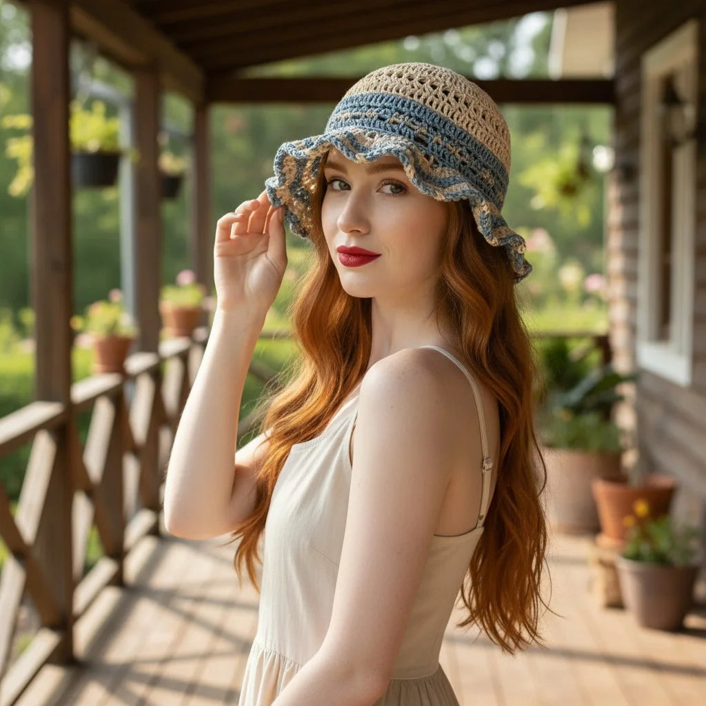blue ruffle crochet bucket hat boho summer crochet cap