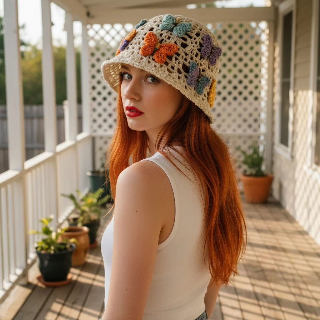 butterfly crochet bucket hat boho summer cap women