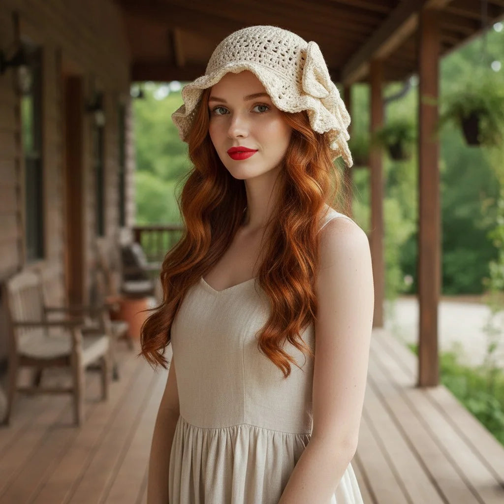 cream crochet bow bucket hat coquette summer crochet hat