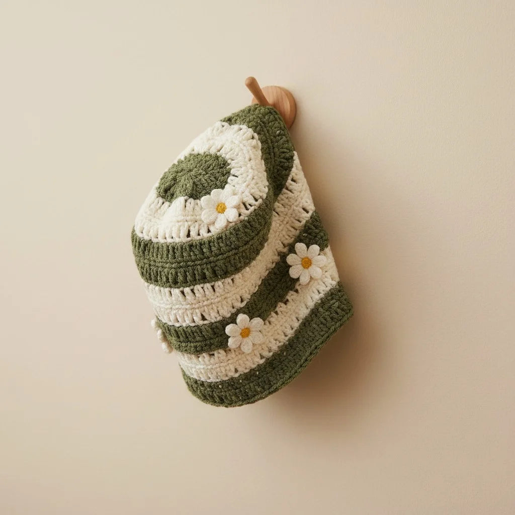 green crochet daisy beanie hat boho slouchy crochet cap