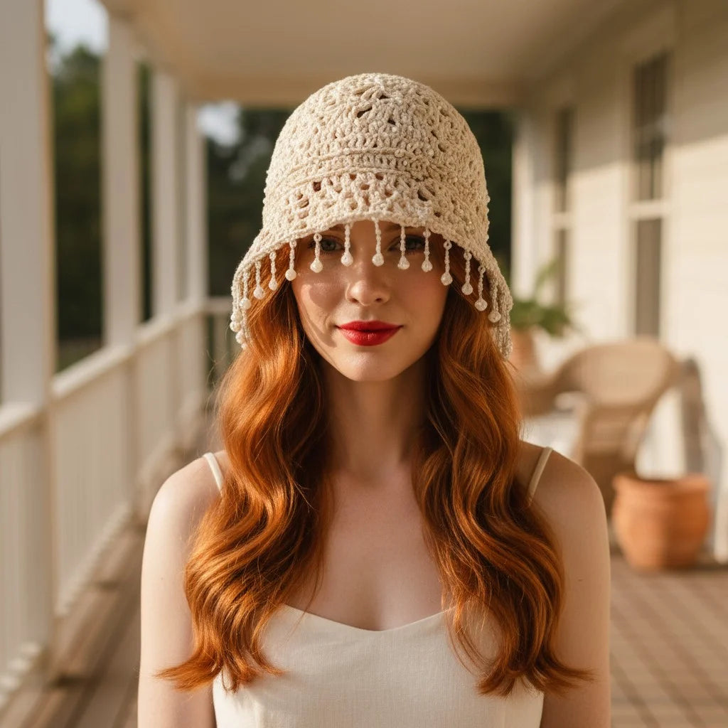 pearl crochet bucket hat elegant boho summer cap
