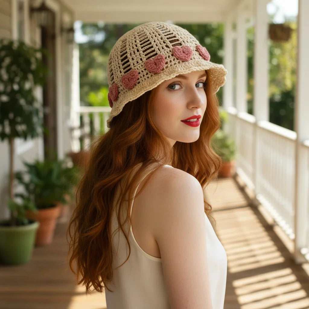 heart crochet bucket hat cute boho summer cap