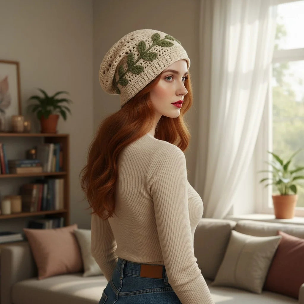 leaf crochet slouchy beanie boho knit winter hat women