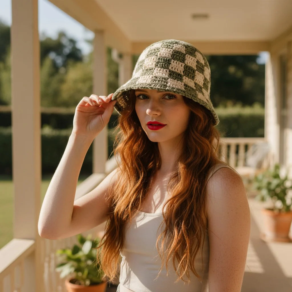 checkerboard crochet bucket hat handmade boho cap