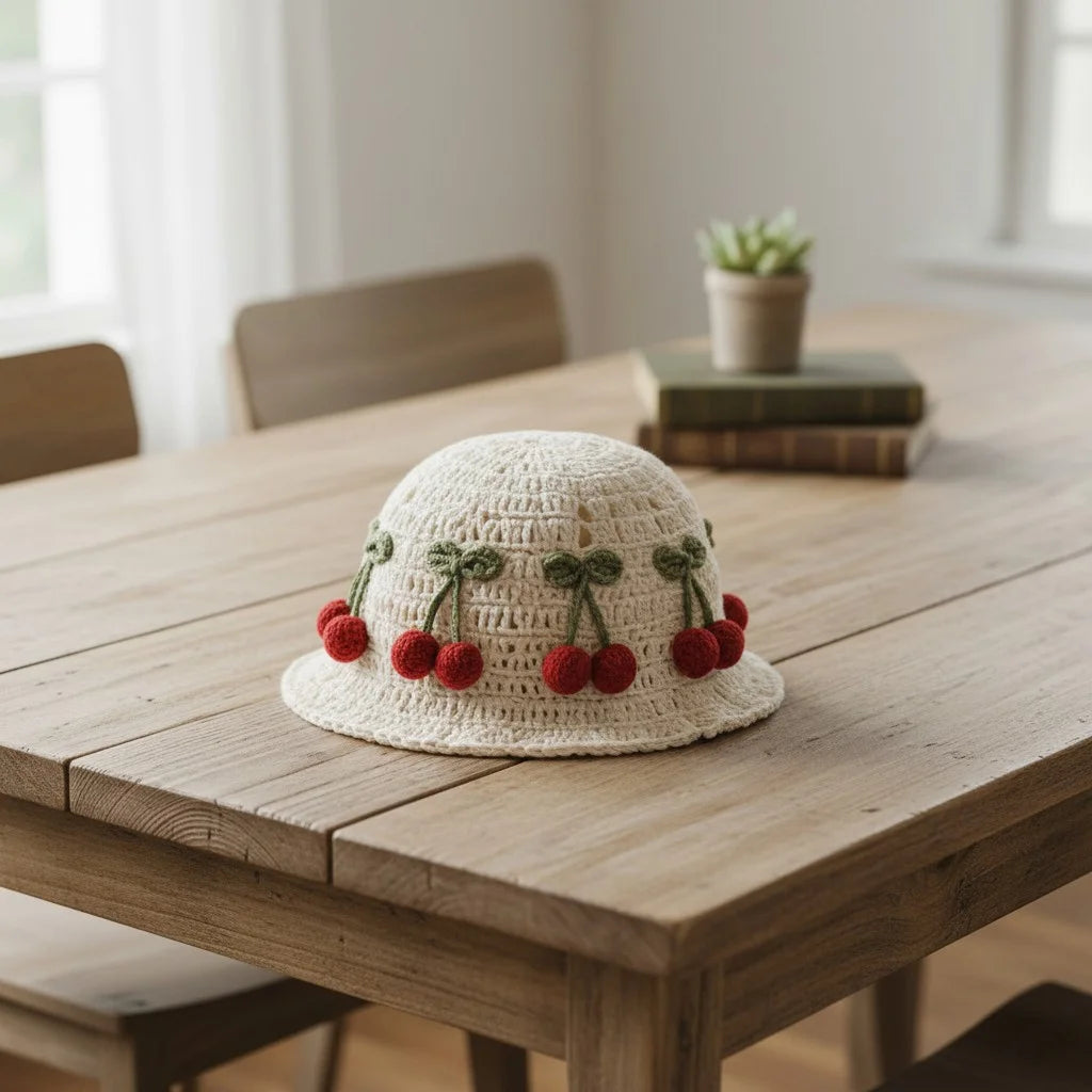 cherry crochet bucket hat cute boho summer cap