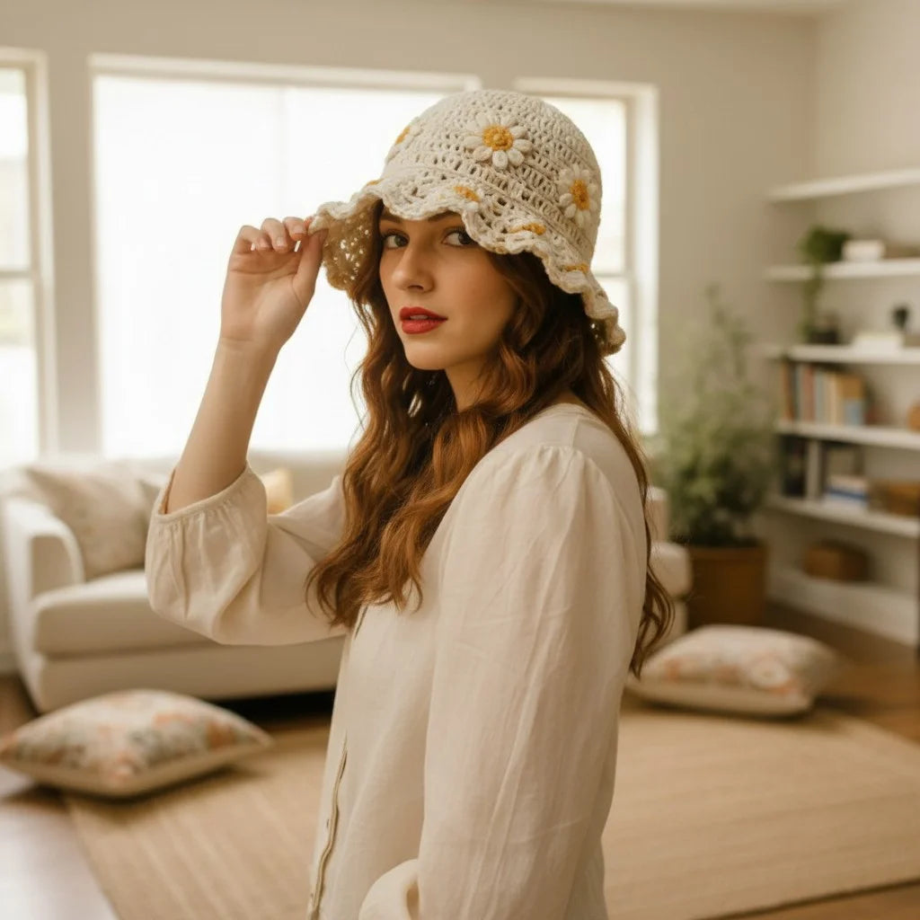 daisy crochet bucket hat boho floral summer hat women