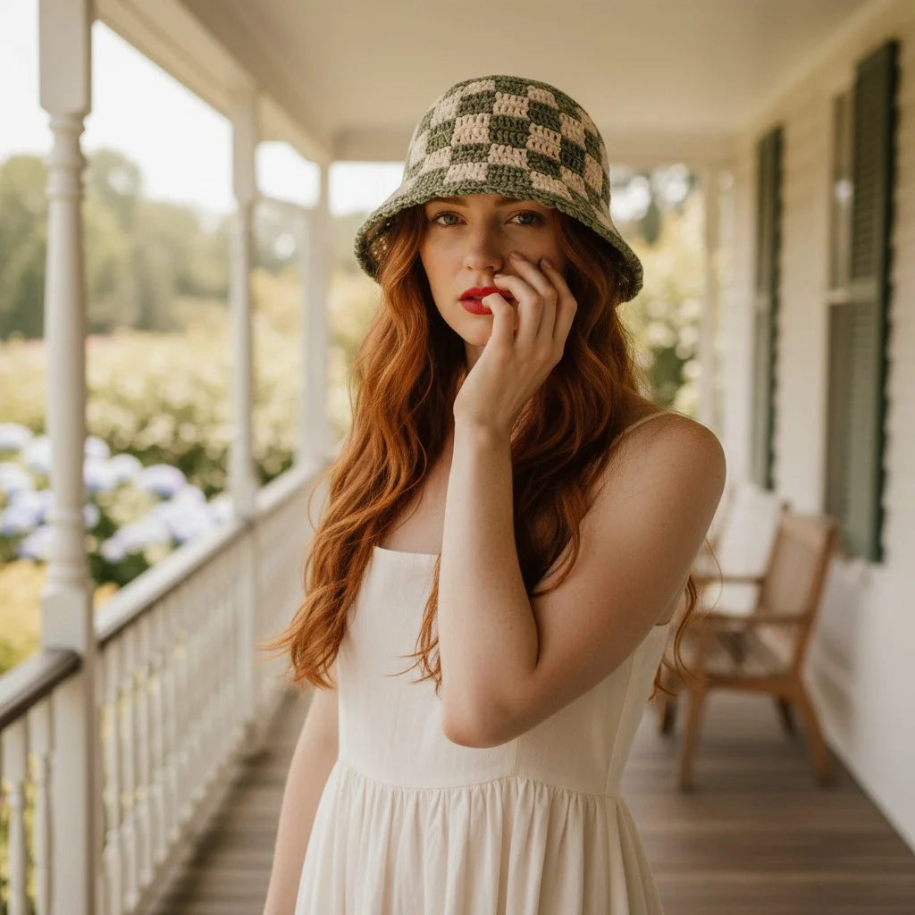 checkerboard crochet bucket hat handmade boho cap
