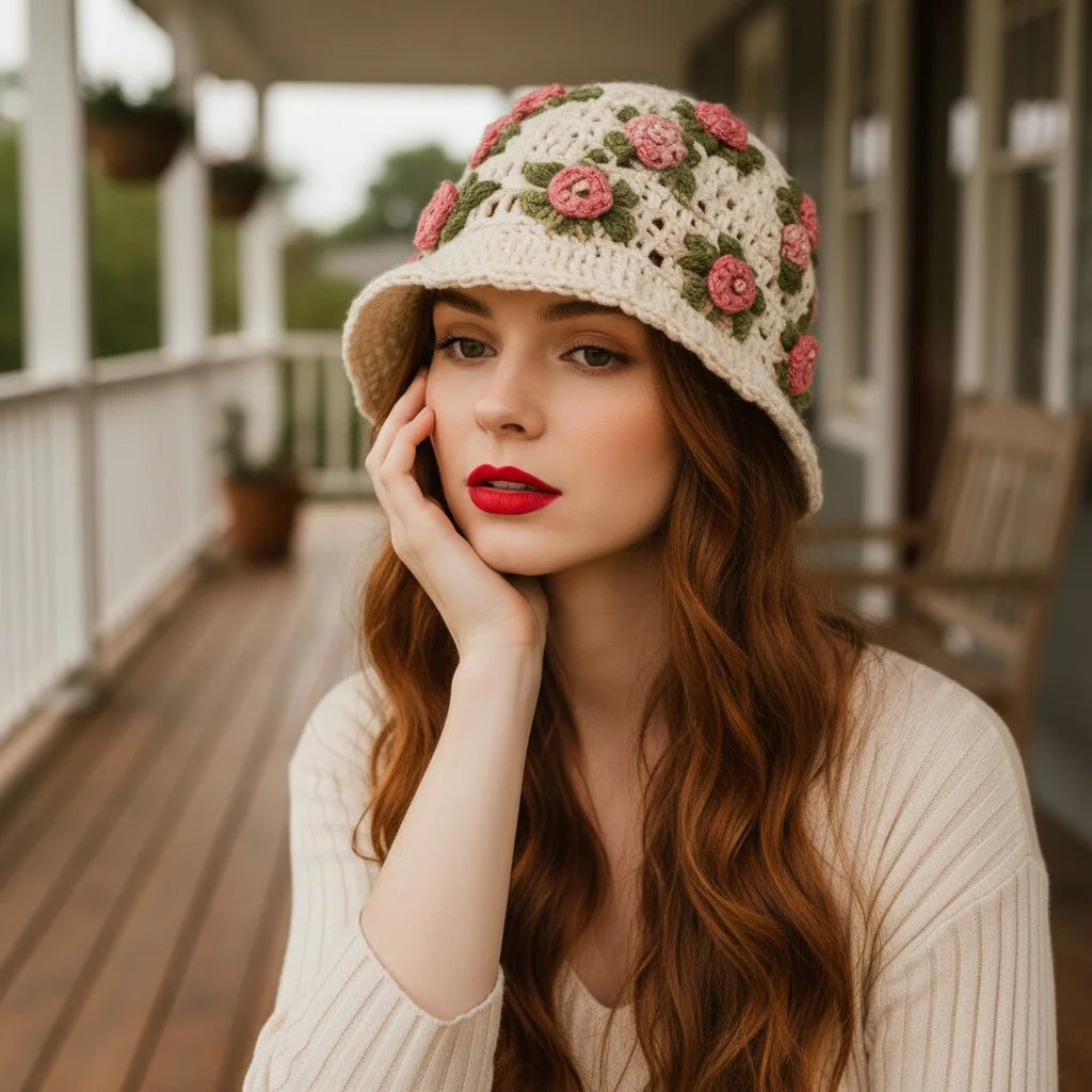 floral crochet bucket hat boho rose summer hat women