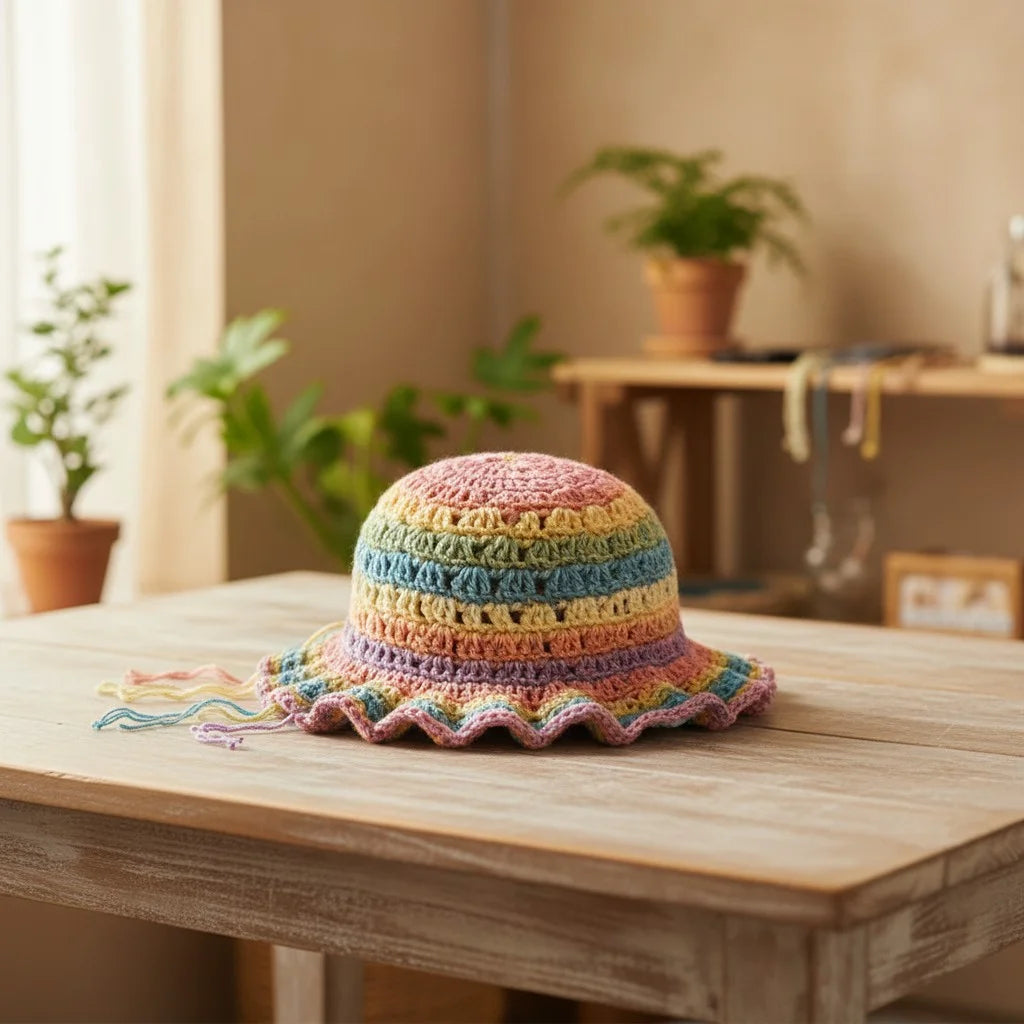 pastel crochet bucket hat boho rainbow summer hat