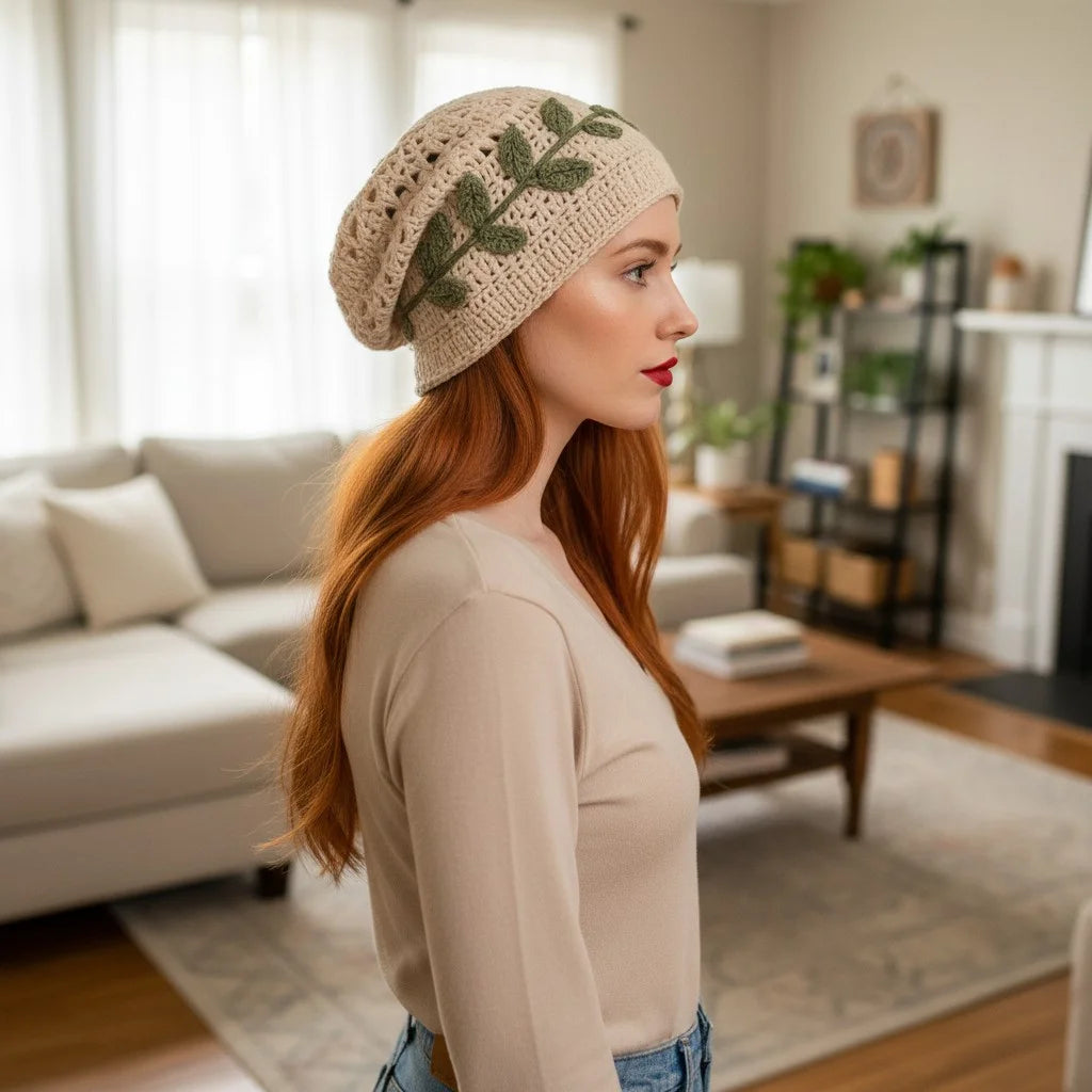 leaf crochet slouchy beanie boho knit winter hat women