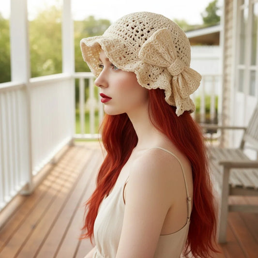 cream crochet bow bucket hat coquette summer crochet hat