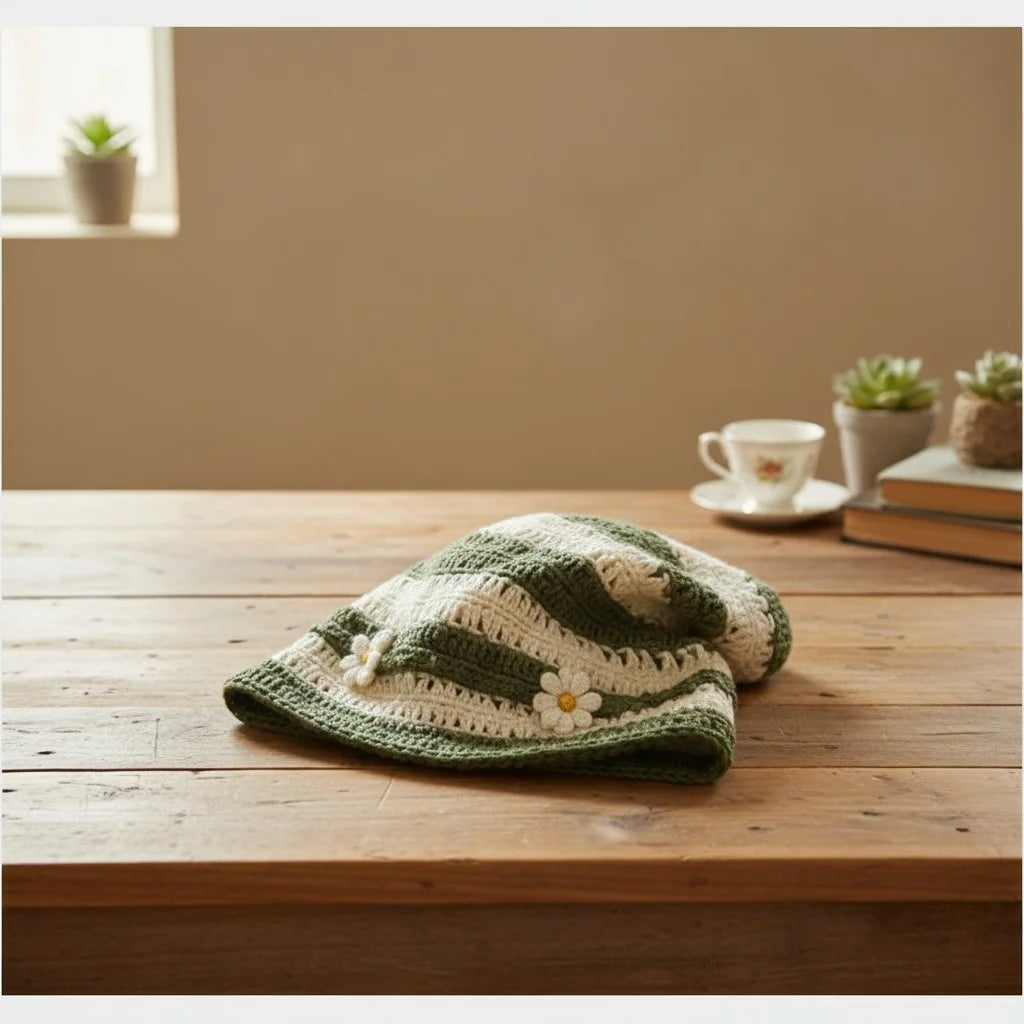 green crochet daisy beanie hat boho slouchy crochet cap