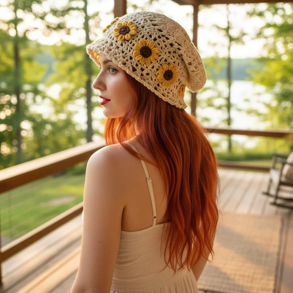 sunflower crochet slouch hat boho summer beanie