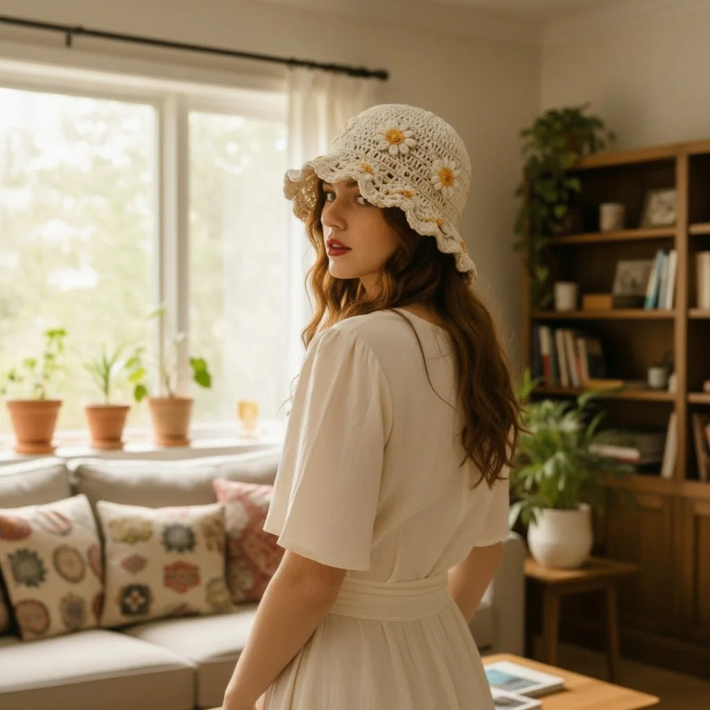 daisy crochet bucket hat boho floral summer hat women