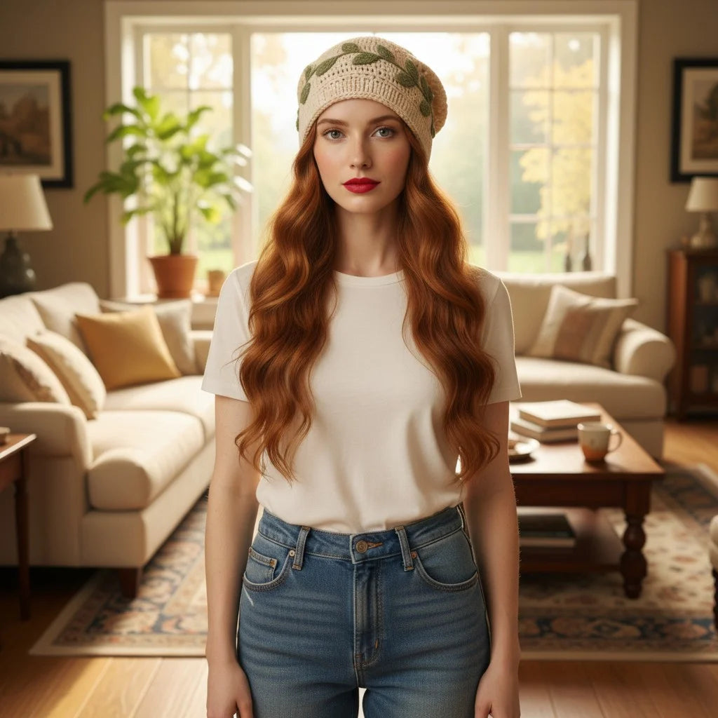 leaf crochet slouchy beanie boho knit winter hat women
