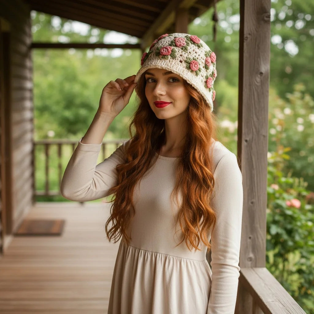 floral crochet bucket hat boho rose summer hat women