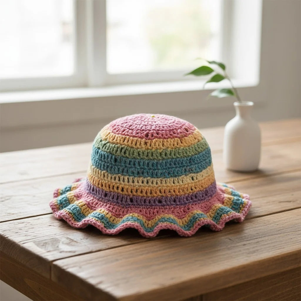 pastel crochet bucket hat boho rainbow summer hat