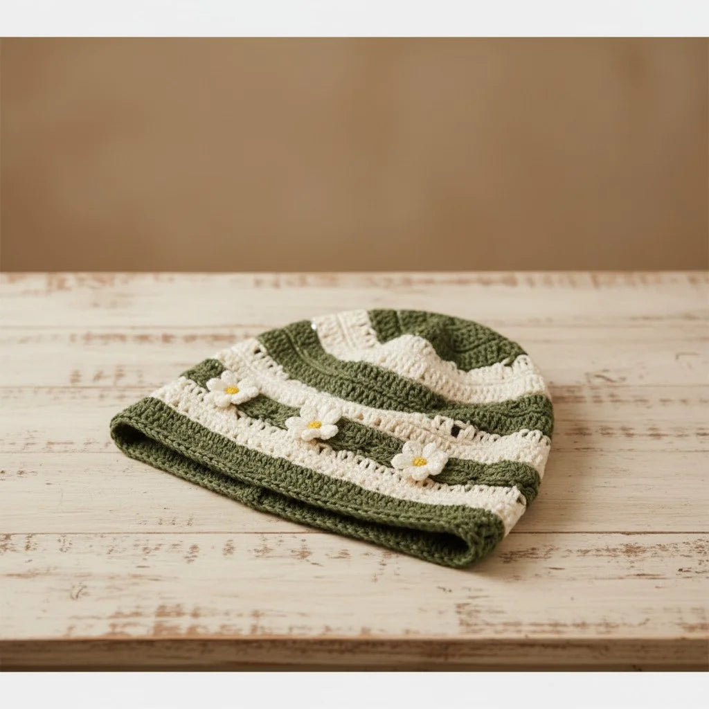 green crochet daisy beanie hat boho slouchy crochet cap