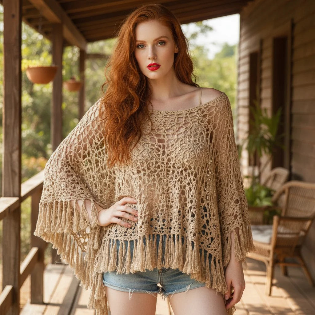 Boho Crochet Poncho for Women – Handmade Knit Cover Up