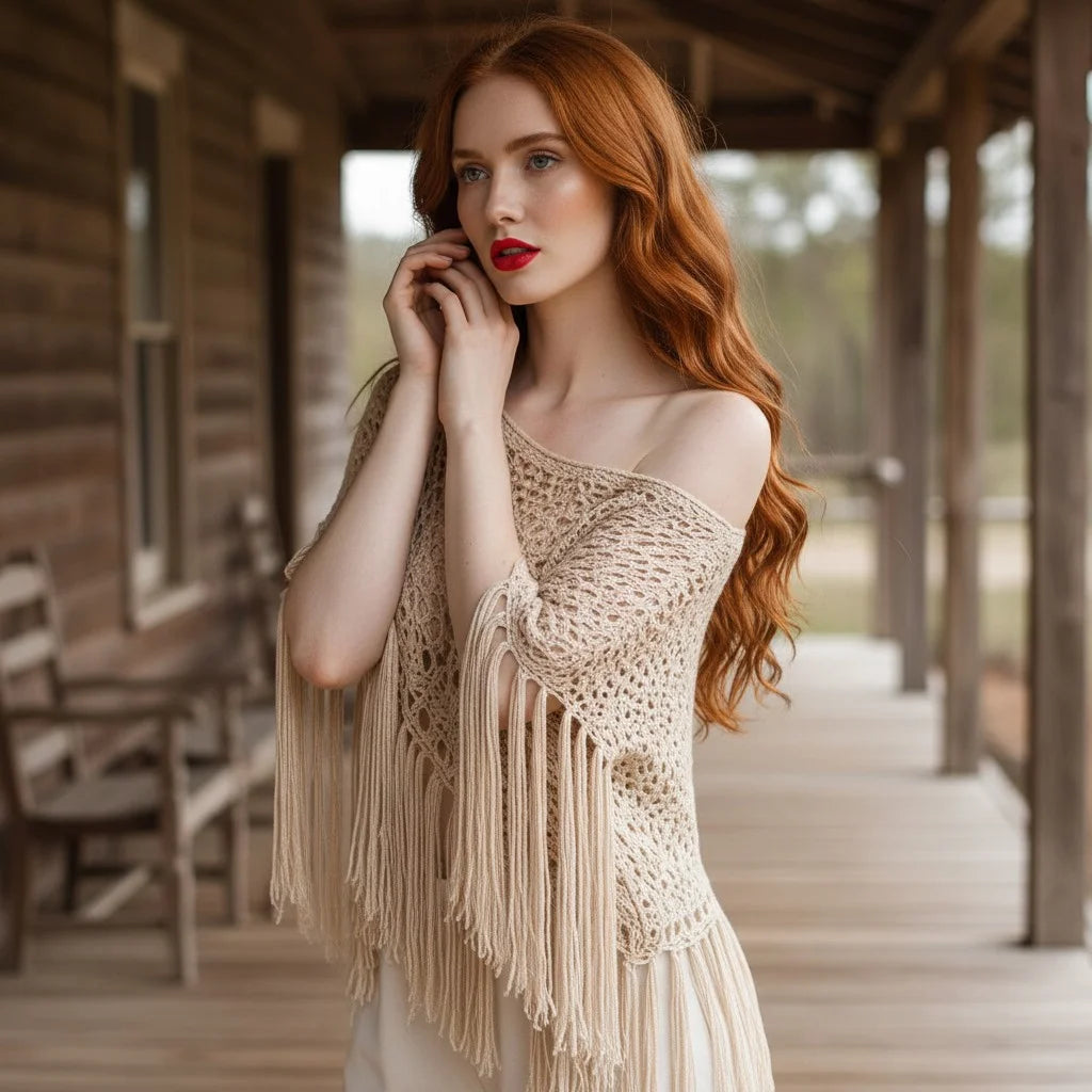 crochet fringe poncho for women boho knit cover up with flowing tassels