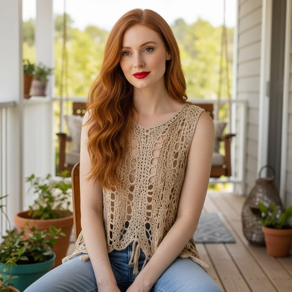 crochet tunic top for women boho knit sleeveless top with tassel details