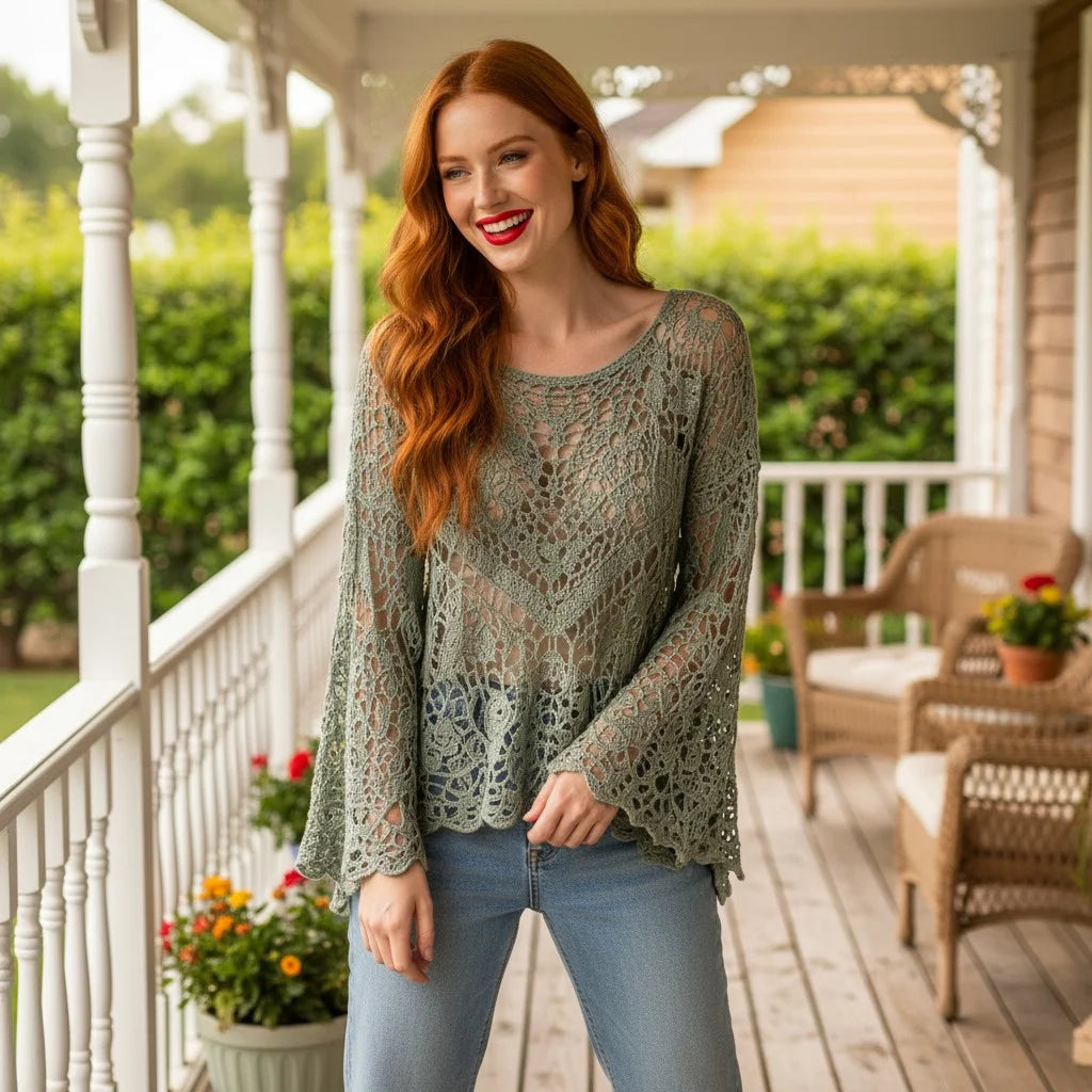 crochet lace sweater for women boho knit pullover with bell sleeves