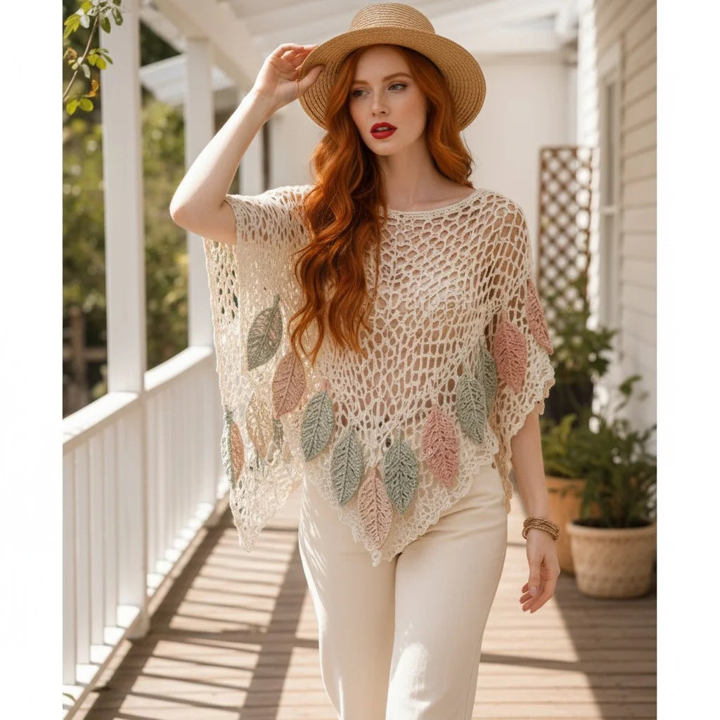 leaf crochet poncho top with botanical appliqué details boho crochet cape for women