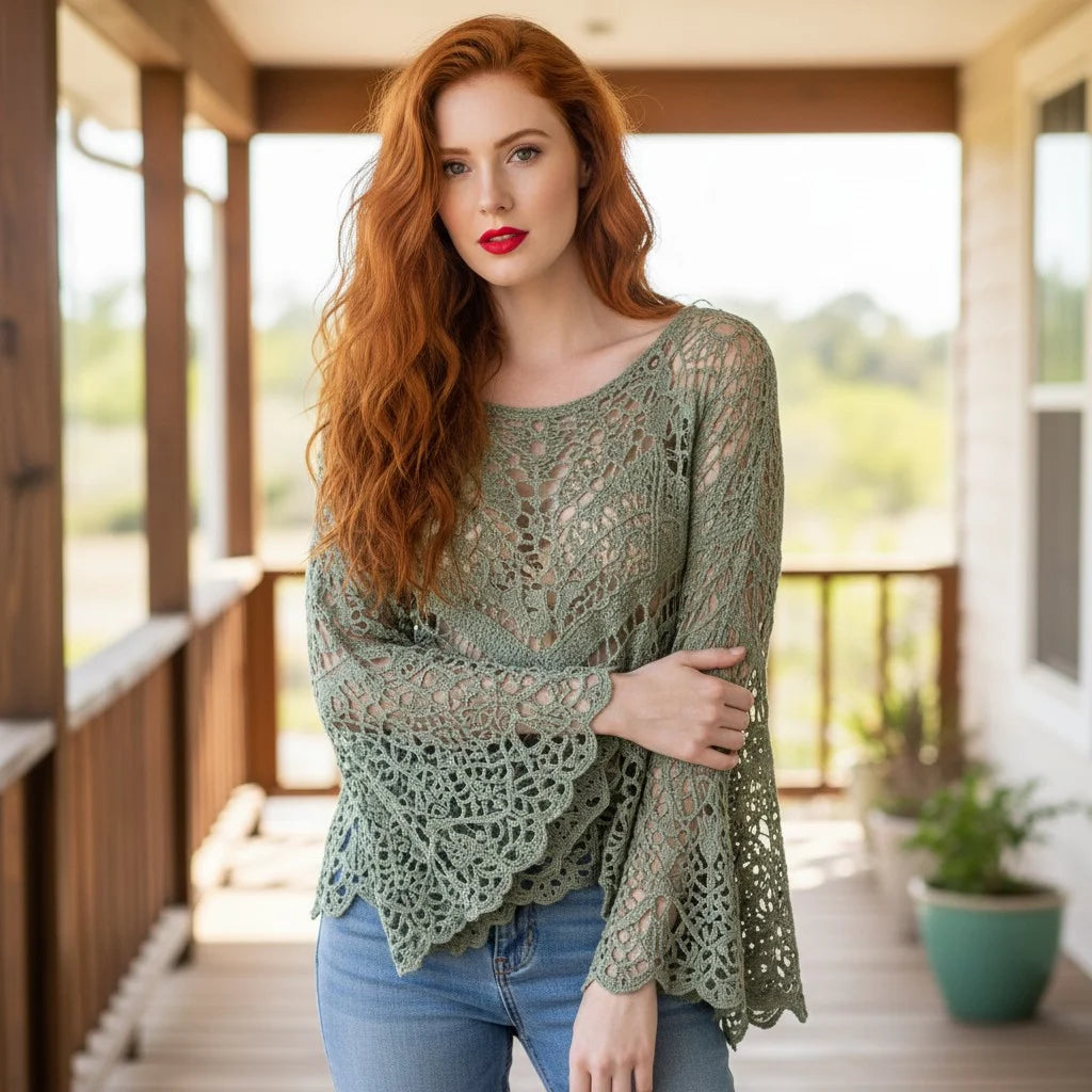 crochet lace sweater for women boho knit pullover with bell sleeves