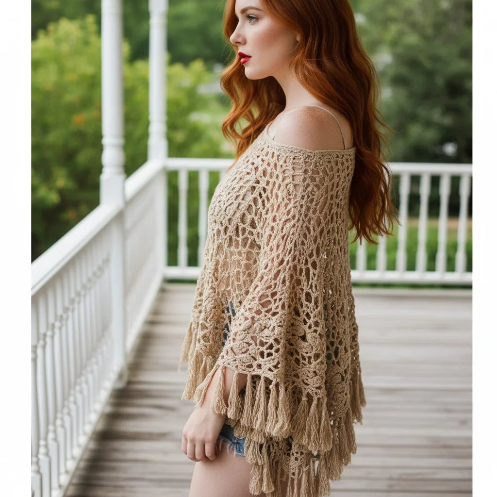 Boho Crochet Poncho for Women – Handmade Knit Cover Up