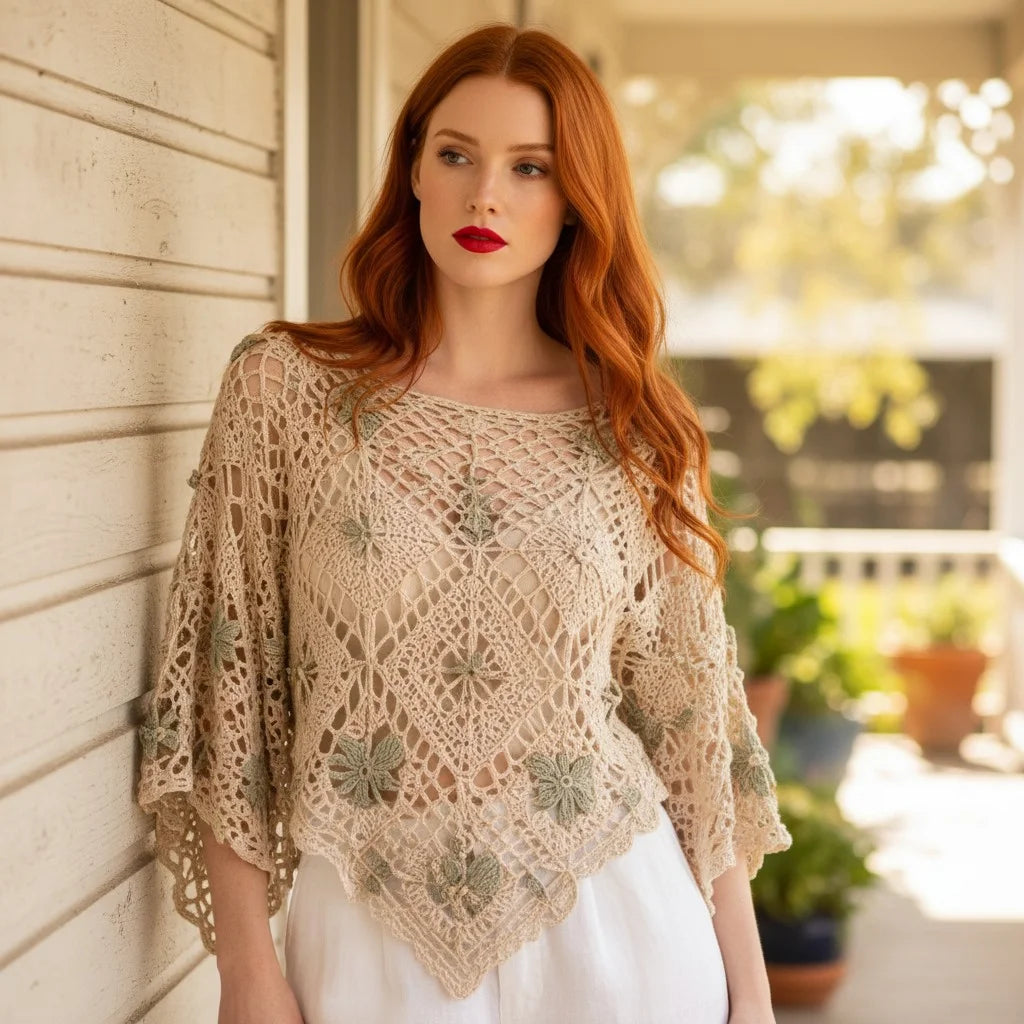 crochet lace poncho top for women boho floral crochet cover up handmade blouse