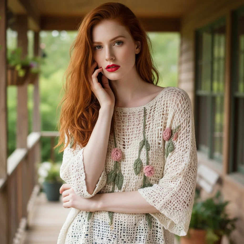 floral crochet knit sweater with rose detailing boho mesh pullover for women