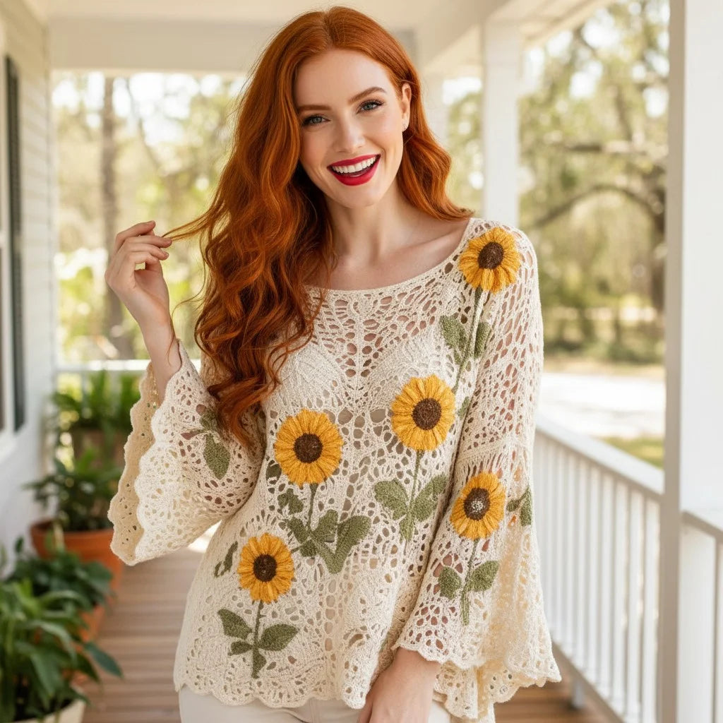 sunflower crochet sweater for women boho knit top with floral crochet detailing