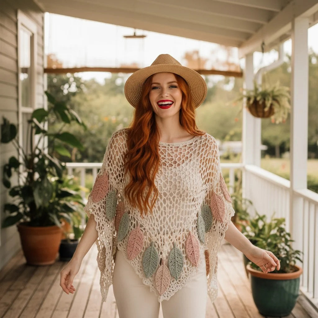 leaf crochet poncho top with botanical appliqué details boho crochet cape for women