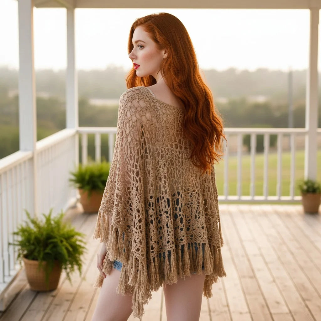 Boho Crochet Poncho for Women – Handmade Knit Cover Up