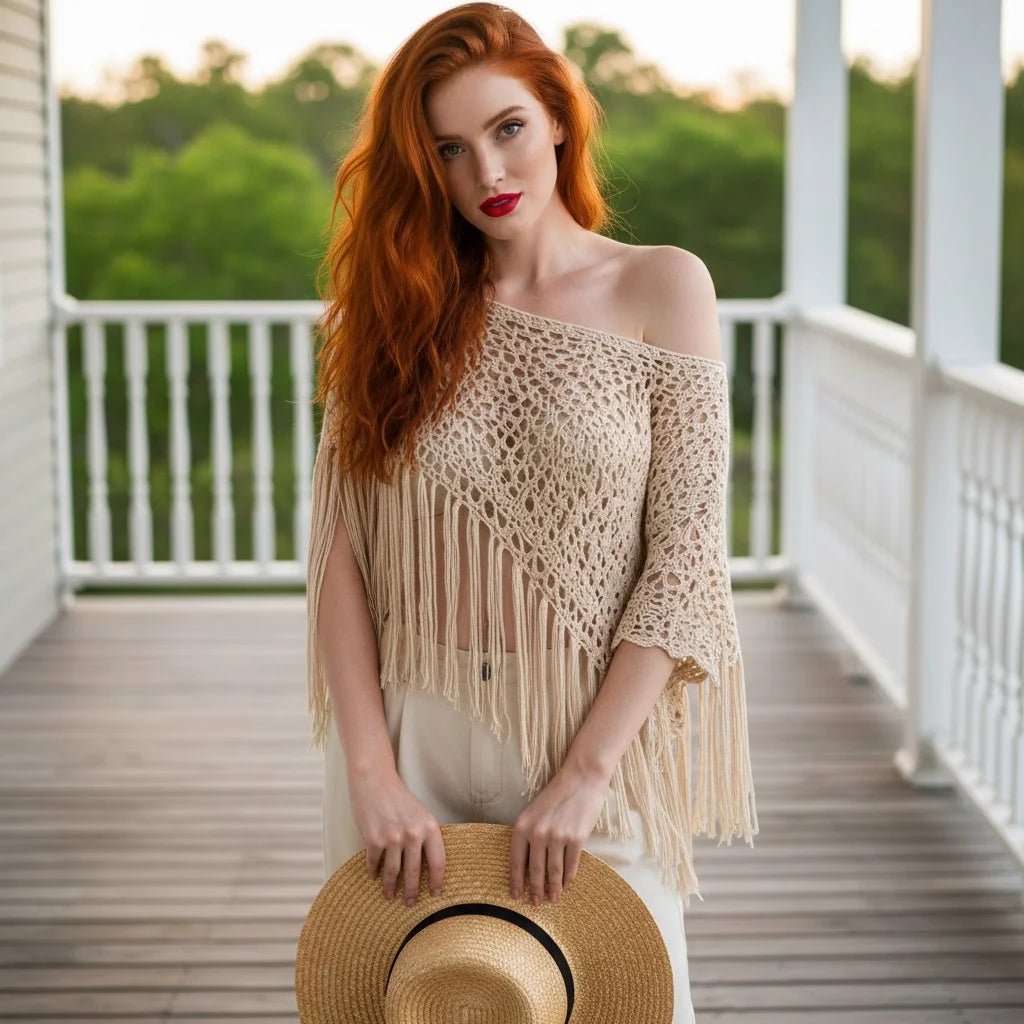 crochet fringe poncho for women boho knit cover up with flowing tassels