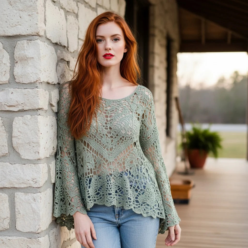 crochet lace sweater for women boho knit pullover with bell sleeves