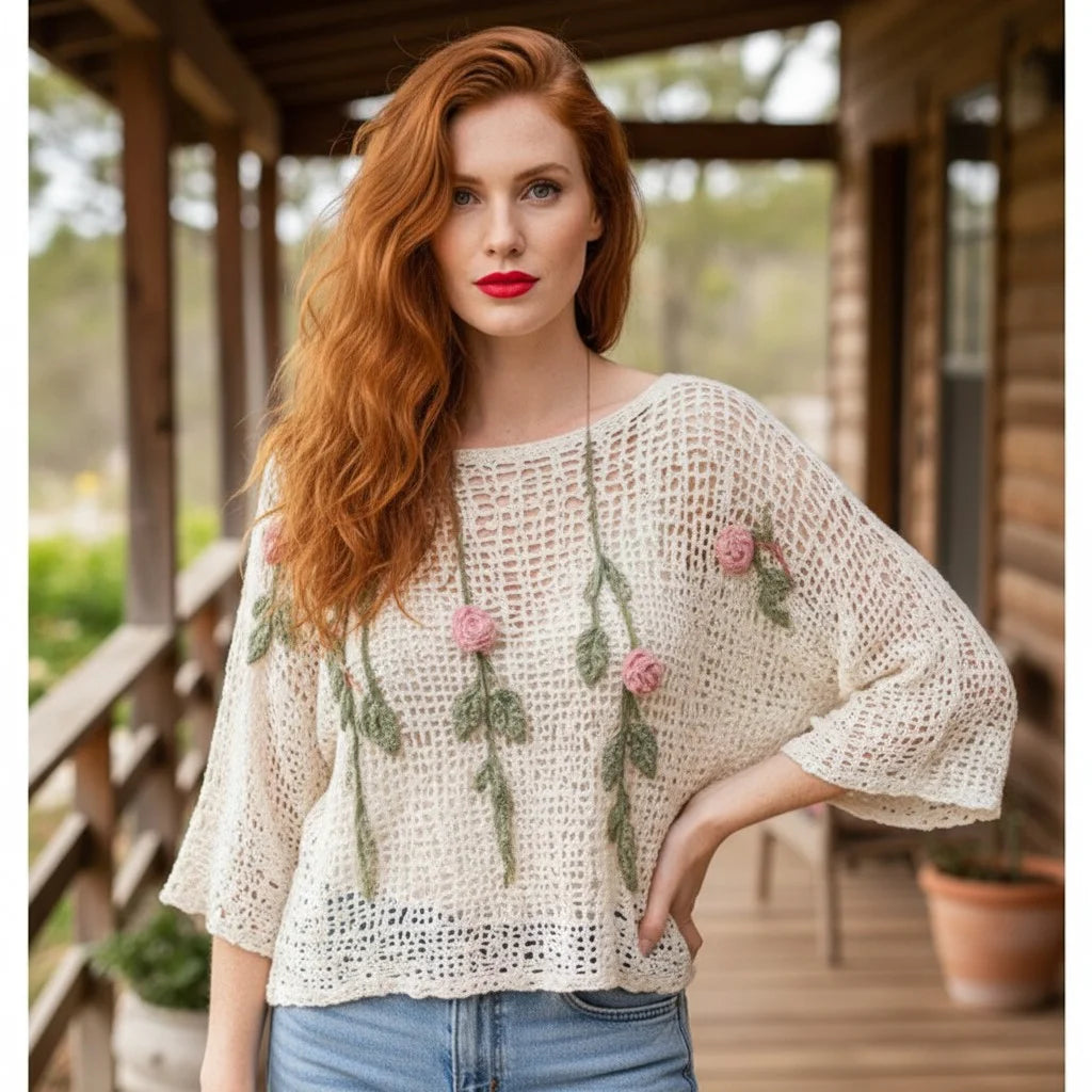 floral crochet knit sweater with rose detailing boho mesh pullover for women