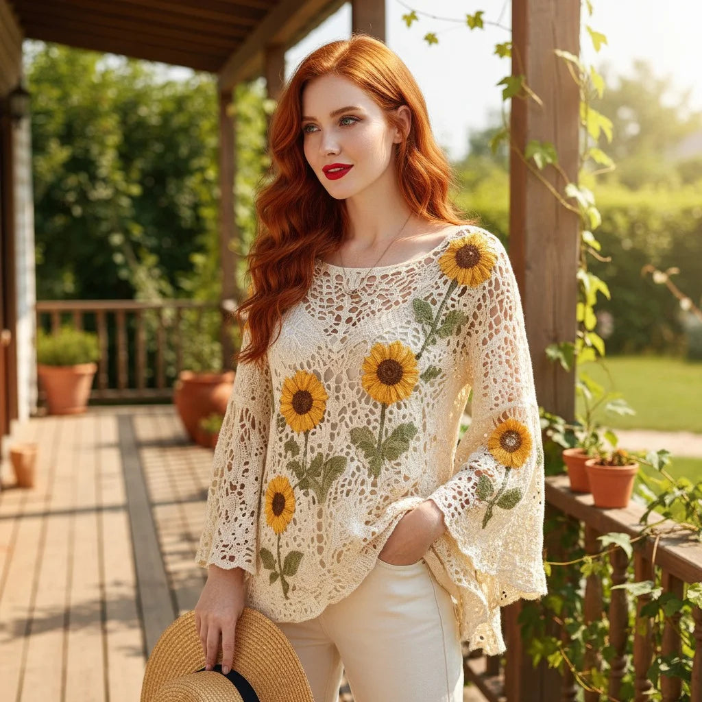 sunflower crochet sweater for women boho knit top with floral crochet detailing