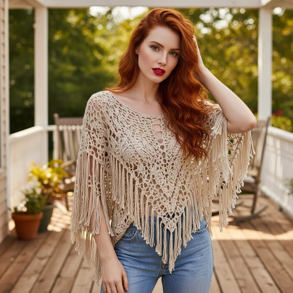 crochet fringe poncho for women boho knit cover up with openwork crochet design