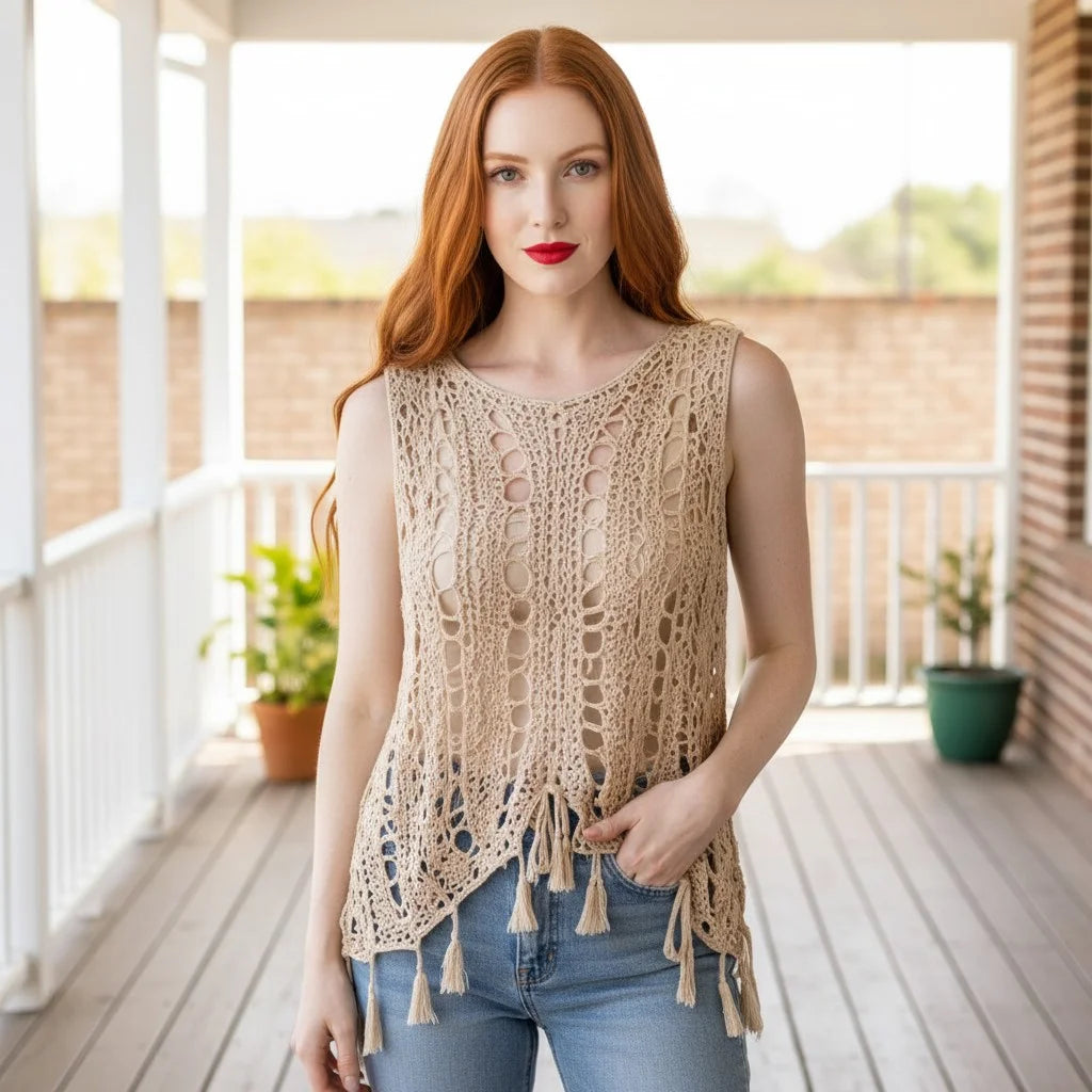 crochet tunic top for women boho knit sleeveless top with tassel details