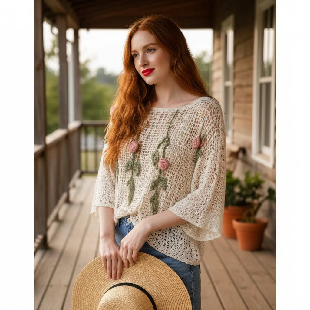 floral crochet knit sweater with rose detailing boho mesh pullover for women