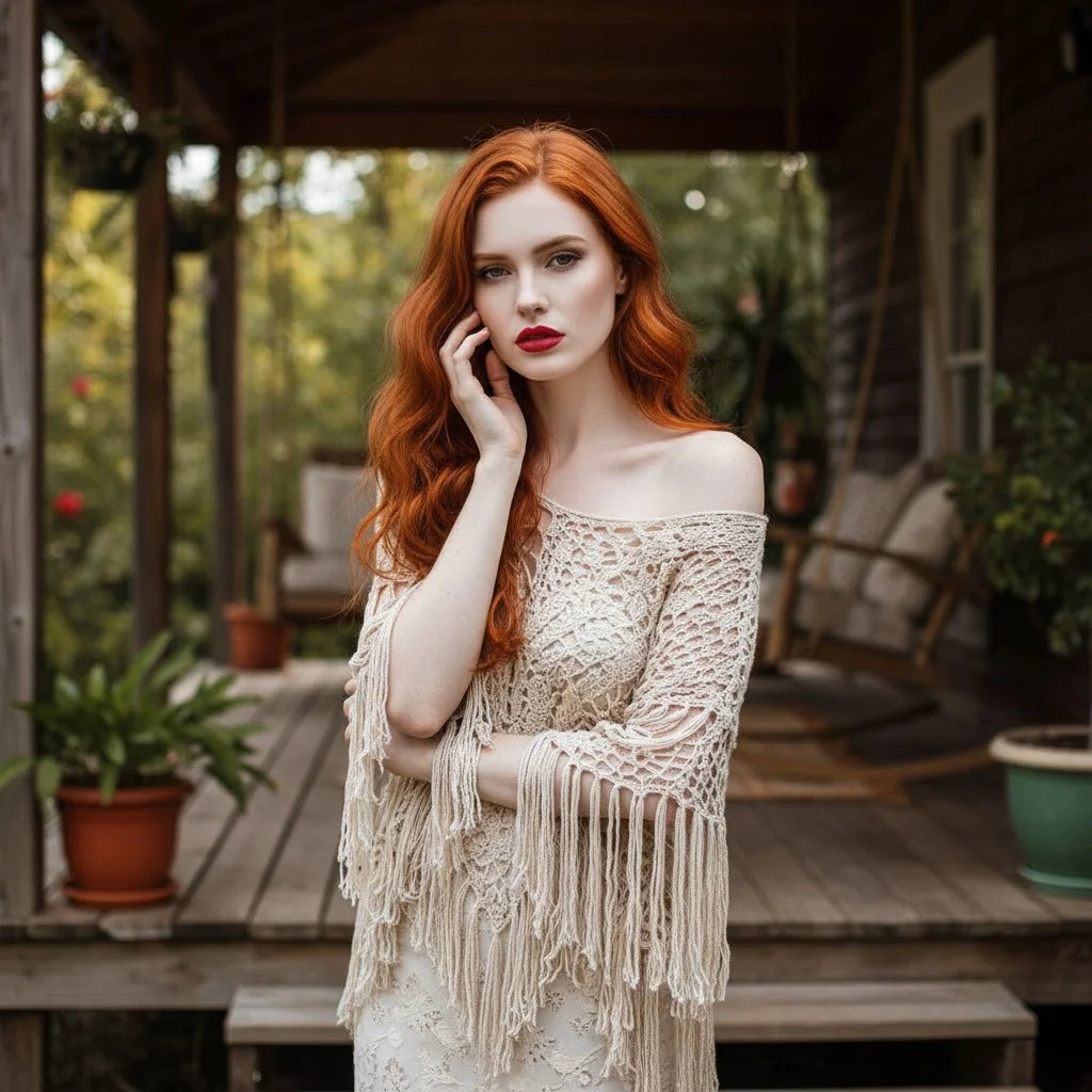 crochet fringe poncho for women boho knit cover up with openwork crochet design