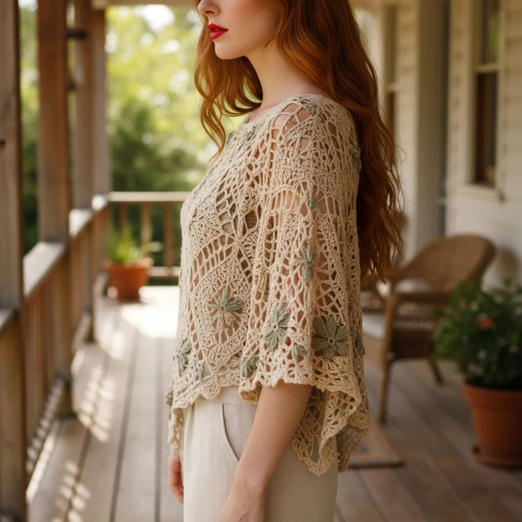 crochet lace poncho top for women boho floral crochet cover up handmade blouse