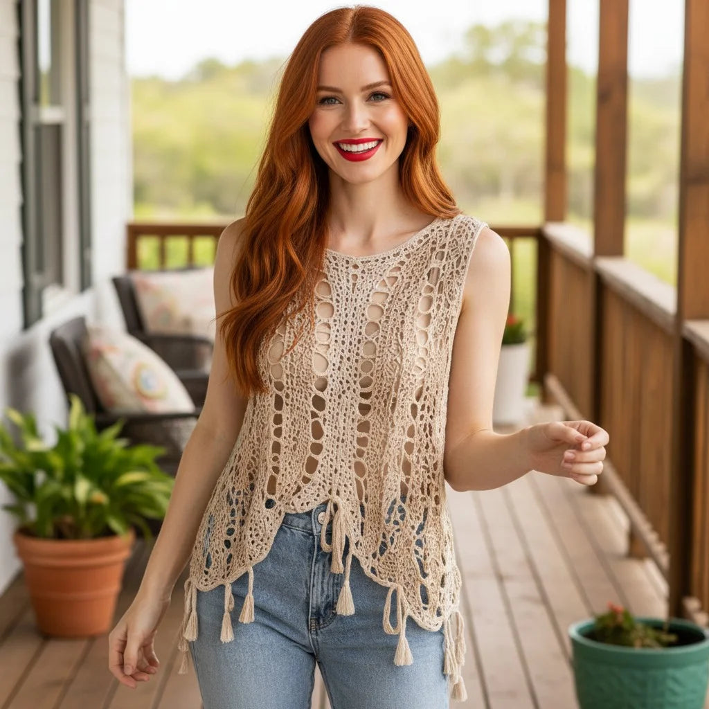 crochet tunic top for women boho knit sleeveless top with tassel details