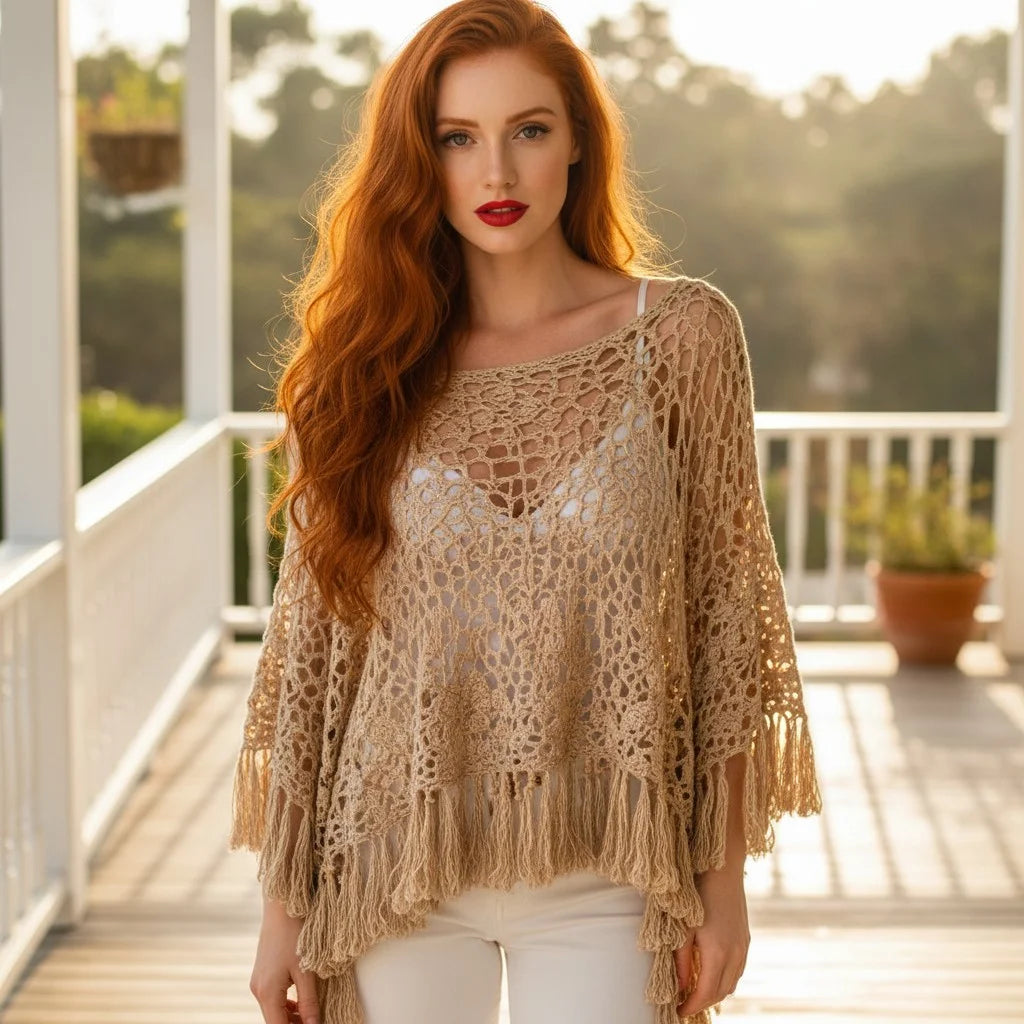 Boho Crochet Poncho for Women – Handmade Knit Cover Up