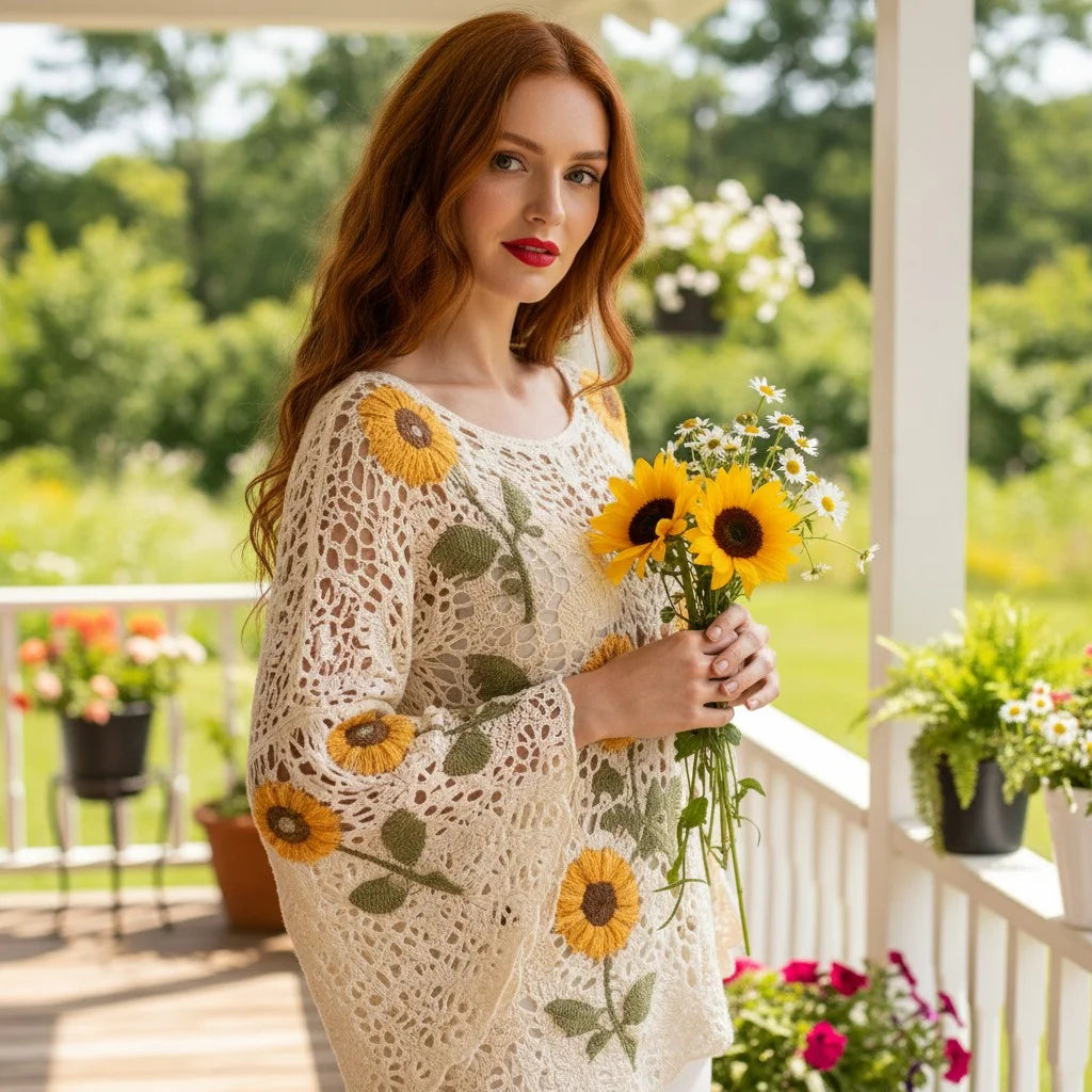 sunflower crochet sweater for women boho knit top with floral crochet detailing