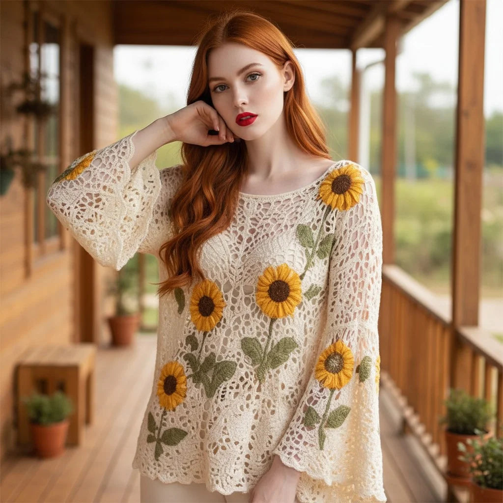 sunflower crochet sweater for women boho knit top with floral crochet detailing