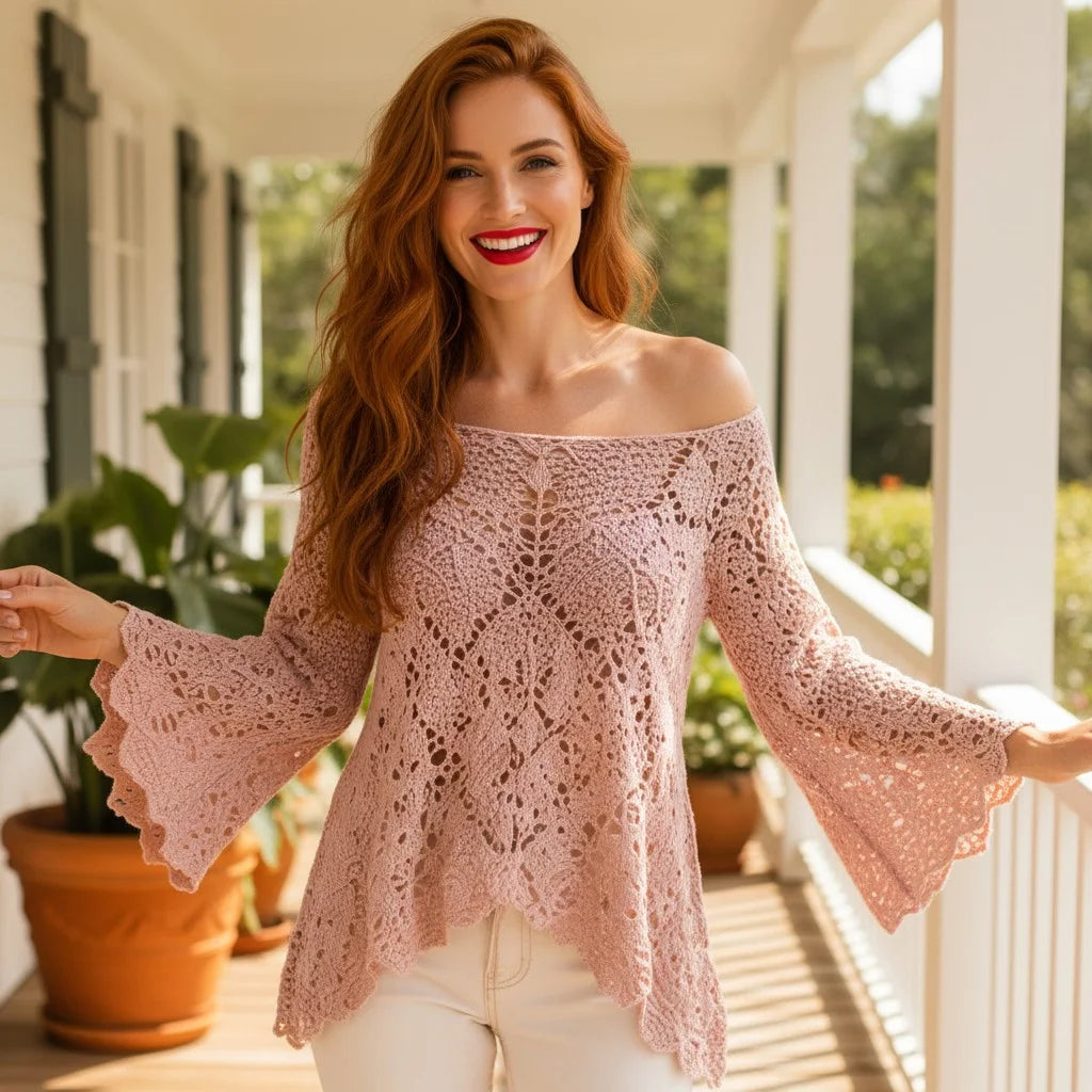 crochet lace sweater for women boho knit pullover oversized crochet top